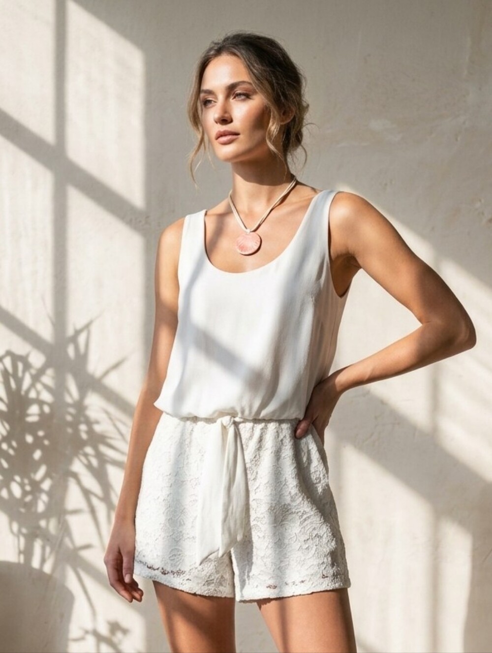 Jennifer Lopez White Lace Eyelet Tie-Waist Sleeveless Clean Girl Romper Size 6